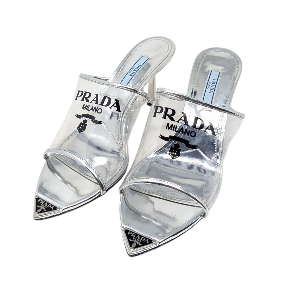 Prada PVC Pointed Plexiglass Metallic Triangle Logo Clear Sandal Mule Slides 38 - Picture 3 of 12